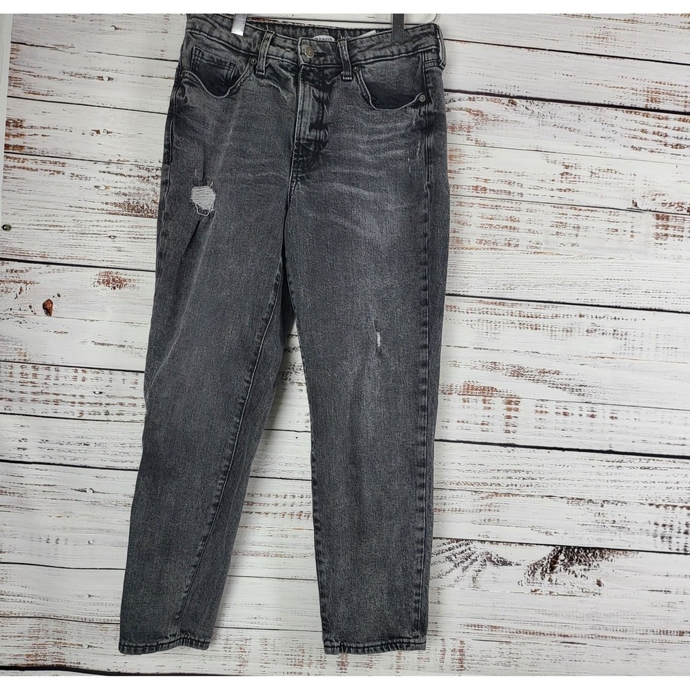 Old Navy O.G. Straight Leg Jeans 8 Womens High Rise Black‎ Grey Distressed